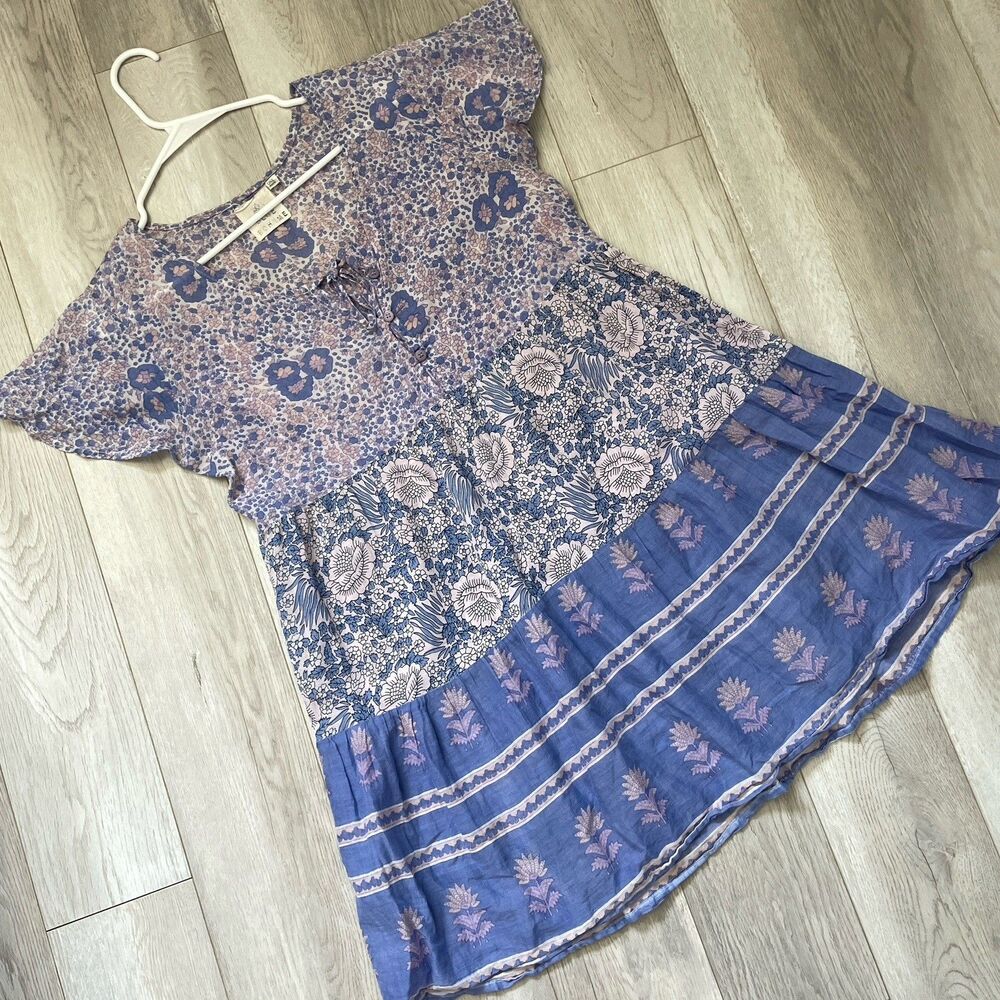 Blue Boheme Dress cotton floral mini womens Blue (one size) lightweight bohemian